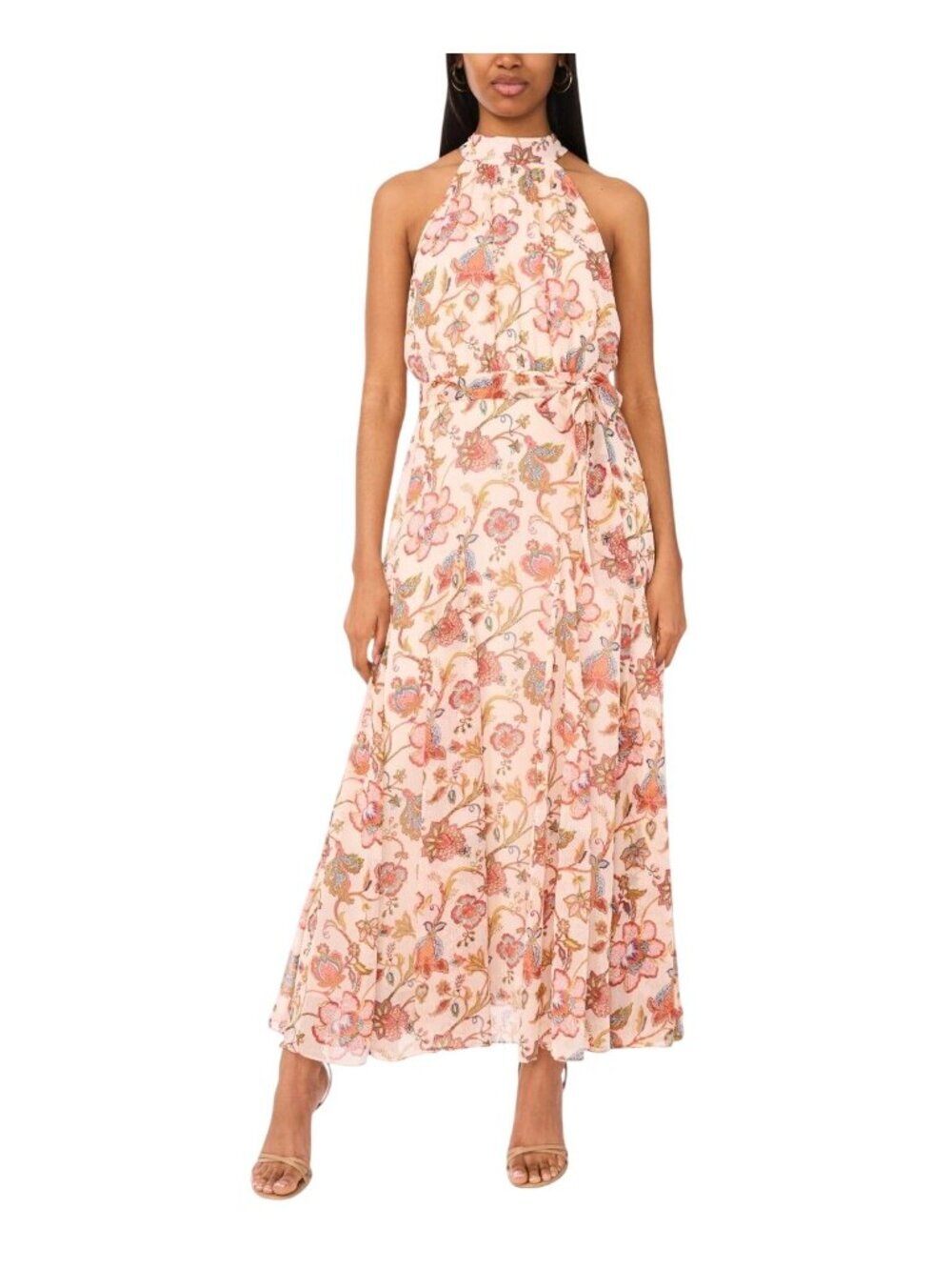 NWOT CeCe Peach Floral Printed Tie-Waist Sleeveless Maxi Dress 12 MSRP $139